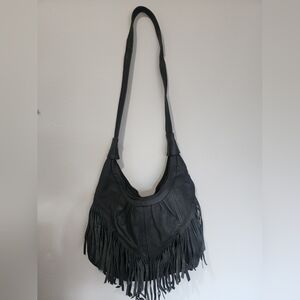 Fringed Black Leather Shoulder Bag